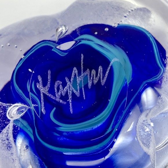 Signed Studio Art Glass Oil Lamp Paperweight Blue Swirl Bubbles; Michelle Kaptur - Picture 7 of 9